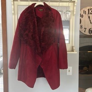 Twiggy Teal Faux Suede Waterfall Coat w/Faux Fur NWOT